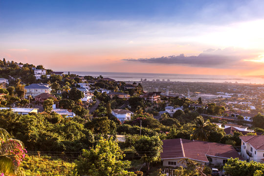 Kingston city hills in Jamaica sunset