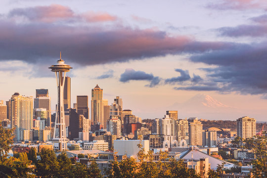 Sunset View Of Seattle Skyline, WA, USA