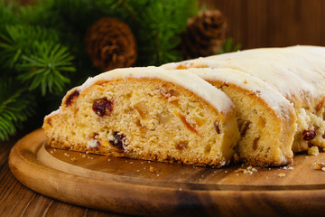 Traditional German christmas stollen fruit cake