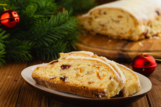 Traditional German christmas stollen fruit cake