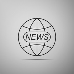 Obraz premium World and global news concept icon isolated on grey background. World globe symbol. News sign icon. Journalism theme, live news. Flat design. Vector Illustration