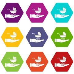 Baby pram protection icon set color hexahedron