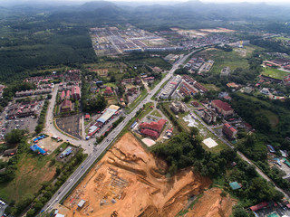aerial view of kuala krai gua musang highway located in kuala krai, kelantan, malaysia and surroundings