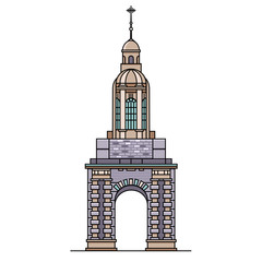 Trinity college bell tower flat color line illustration. Vector icon of top-rated landmark in Dublin, Ireland. Medieval european building in thin linear design for tourist books, brochures, maps.