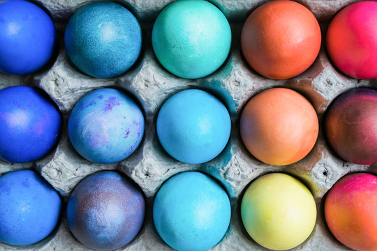 Bright modern dyed Easter eggs.