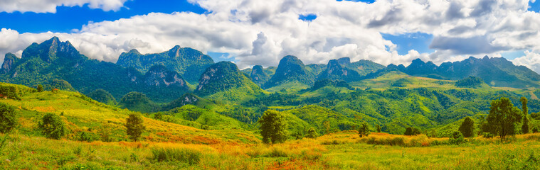  Beautiful landscape, mountain on background.Vang Vieng, Laos. Panorama