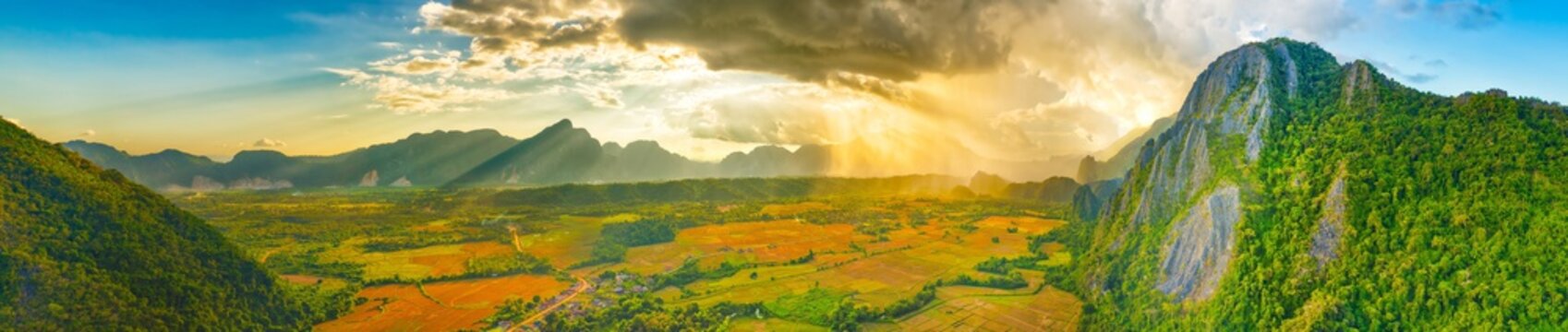 Aerial view of the fields and mountain. Beautiful landscape panorama. Laos.