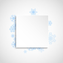 Christmas snow on white background. Blue frame for winter banners, gift coupon, voucher, ads, party event. Paper banner with frosty Christmas snow. Square falling snowflakes for holiday