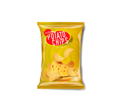 Potato chips advertisement bag, double cheddar cheese flavor.