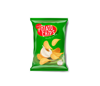 Potato chips advertisement bag, spring onion flavor.