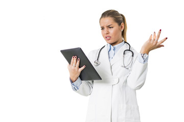 Pretty young female doctor with digital tablet