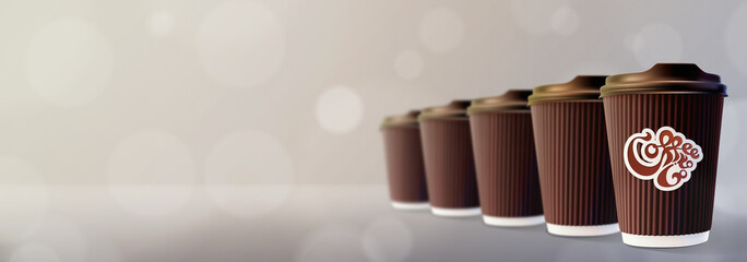 Coffee to Go. Coffee Ripple Cups Bokeh Gray Background