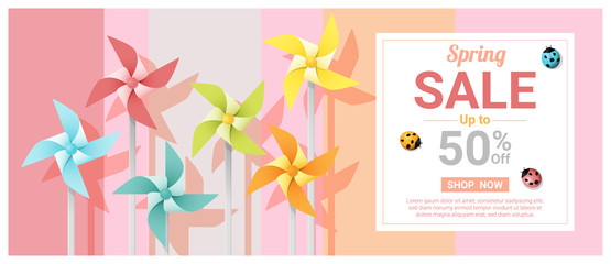 Spring sale banner with colorful pinwheels , vector , illustration