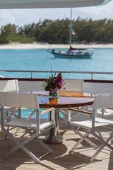 Fototapeta na wymiar Vacation on Motor Yacht, details of Interior Luxury Yacht from Bahamas to Caribbean