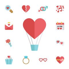 heart shape hot air balloon valentines day related icon image. Digital vector february happy valentine's day and wedding celebration color simple flat icon set on white background