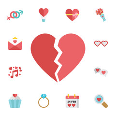 Broken heart icon. Digital vector february happy valentine's day and wedding celebration color simple flat icon set