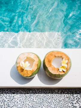 Coconuts with cocktails inside
