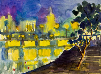 Abstract watercolor painting colorful of night light in the city