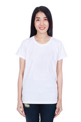 Fototapeta premium woman in white t-shirt isolated on white background