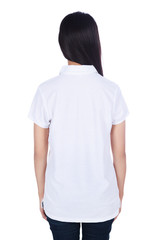woman in white polo shirt isolated on a white background (rear view)