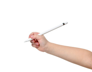 Hand holding a graphic tablet stylus pencil isolated with clipping path