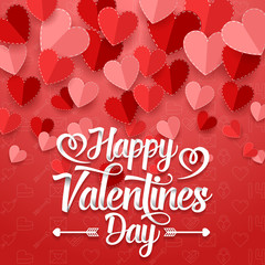 Happy valentines day with paper heart on red background 