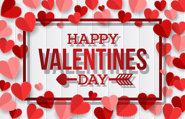 Happy Valentine's Day background. Red paper hearts on white paper wooden