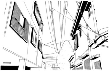 漫画風ペン画イラスト　住宅（街並）