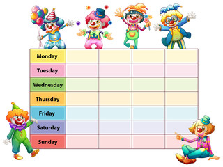 Timetable template with days of the week and clowns