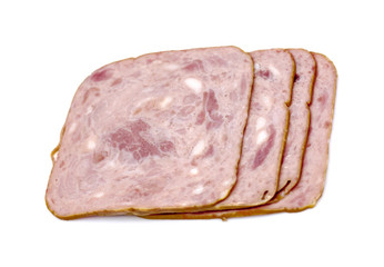 Sliced ham on white background.Fresh prosciutto.Pork ham sliced on white background