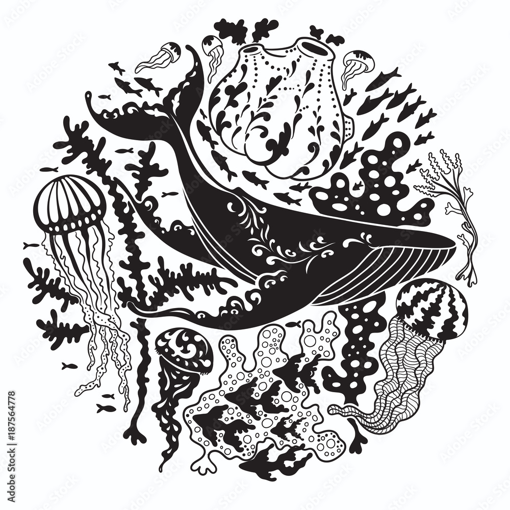 Poster round vector print with a whale