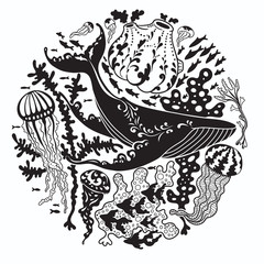 Round vector print with a whale