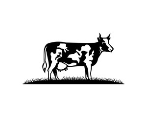 Vector Black and White Milch Cow on the Grass Illustration Hand Drawing Logo Animal Symbol Company 