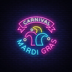 Mardi Gras vector symbol with holiday greetings, festive card. Fat Tuesday, festive illustration in neon style, luminous banner, neon sign, bright billboard. Design a template for a carnival