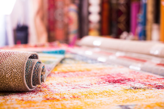 Image of colorful wool carpets for sale at showroom