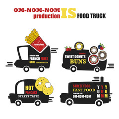 Vector set with foodtruck. Street food, French fries, doughnuts, pancakes. Fast food. Cafe on wheels