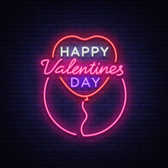 Happy Valentine s Day is a neon sign. Bright light banner, neon billboard, vivid advertising, brochure. Design a template for greetings, advertising, postcard, flyer, card. Vector illustration