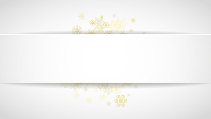 Gold snowflakes frame on white background. New year theme. Horizontal paper Christmas frame for holiday banner, card, sale, special offer. Falling snow with gold snowflake and glitter for party invite