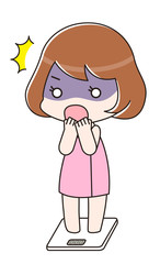 	お風呂上りに体重計に乗ってショックを受ける女性