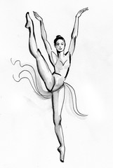 Beautiful dancing ballerina. Black and white ink sketch