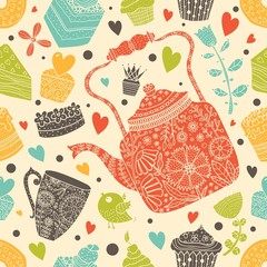 Cute tea and cupcakes. Seamless pattern.