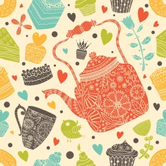 Wallpaper murals Tea Cute tea and cupcakes. Seamless pattern.