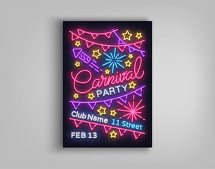 Carnival party poster in neon style. Neon sign, design template, bright brochure, night light poster. Bright neon advertising for carnival, masquerade, dance party, musical party. Vector illustration