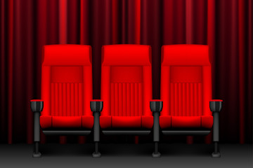 Cinema show design with red empty seats. Poster for concert, party, theater. Realistic chairs for cinema theater. vector illustration