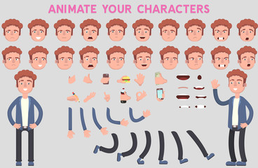 Flat Vector Guy character for your scenes. Character creation set with various views, face emotions, lip sync and poses. Parts of body template for design work and animation.
