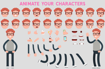 Flat Vector Guy character for your scenes. Character creation set with various views, face emotions, lip sync and poses. Parts of body template for design work and animation.