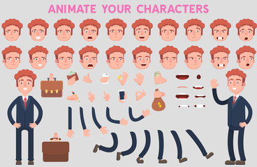 Business man character creation set with various views, lip sync,face emotions, poses and gestures. Cartoon style, flat vector illustration.