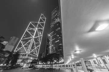 High rise modern office buildings in Hong Kong city at night