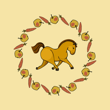 cute sleeping run horse in apple and carrot wreath