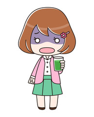 青汁入りのコップを持って青ざめている女性